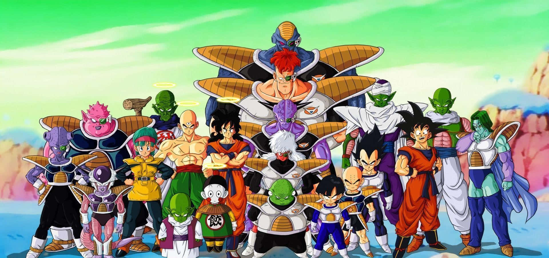 Dragon Ball Z Kai 桌布 壁紙 — 一張充滿活力的動漫團體照，龍珠角色在明亮的綠色天空下英勇地擺出姿勢。