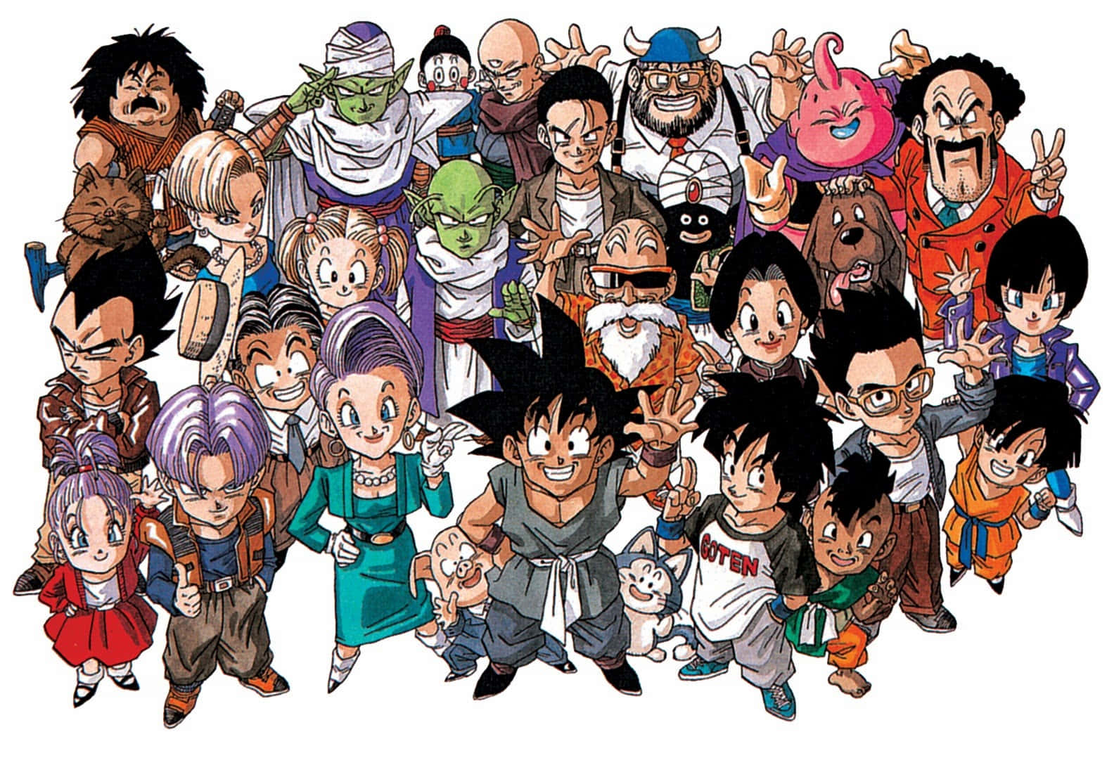 Dragon Ball Characters 桌布 壁紙 — 一張充滿活力的動漫團體照，龍珠角色以色彩繽紛、富有表現力的姿勢在純白背景前展示。