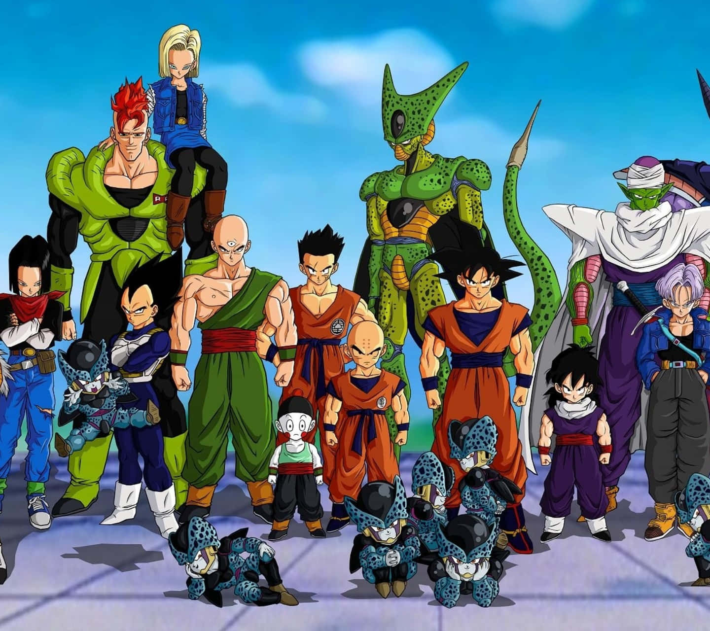 Dragon Ball Z Characters 桌布 壁紙 — 一張充滿活力的動漫團體照，龍珠角色們站在明亮的藍天下。