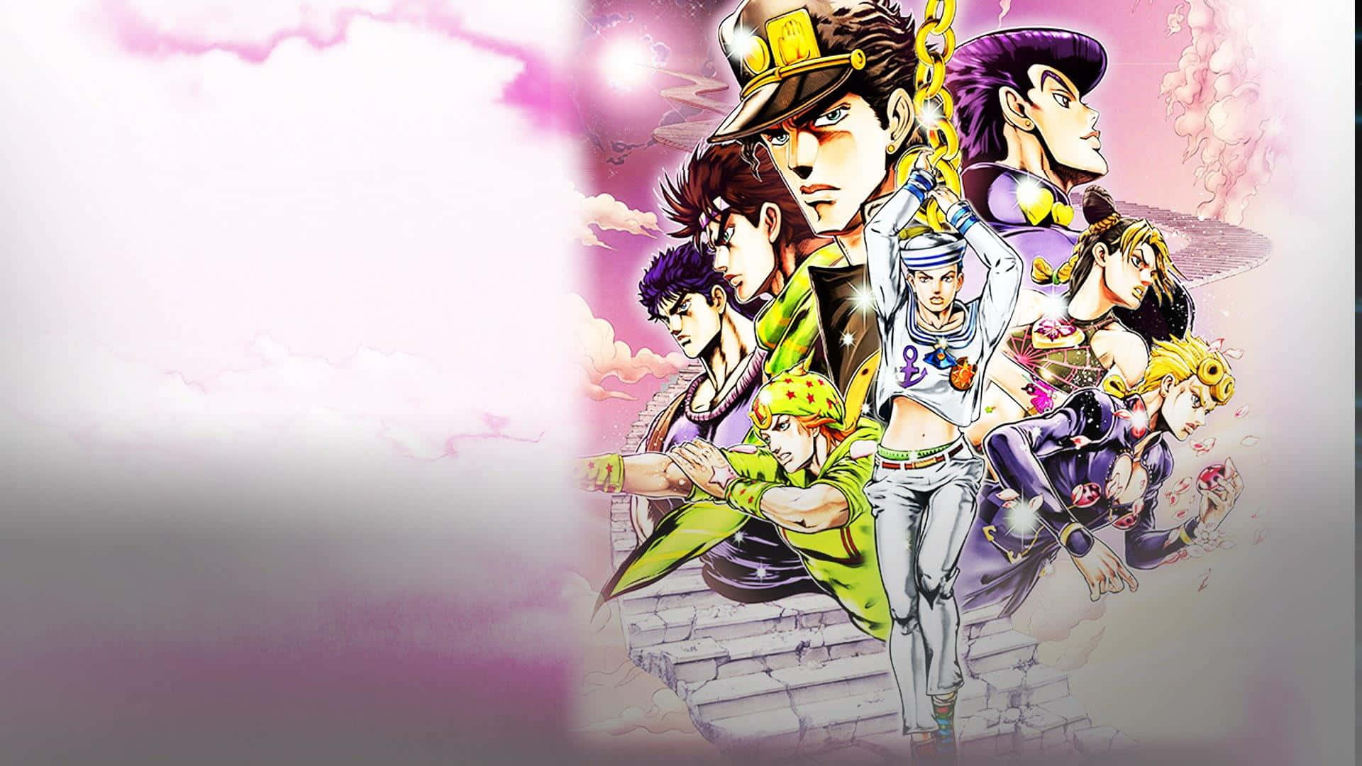 Jonathan Joestar 桌布 壁紙 — 一張充滿活力的動漫壁紙，以一群風格化的角色穿著色彩繽紛的服裝，在柔和的粉紅色和紫色天空下動態呈現。