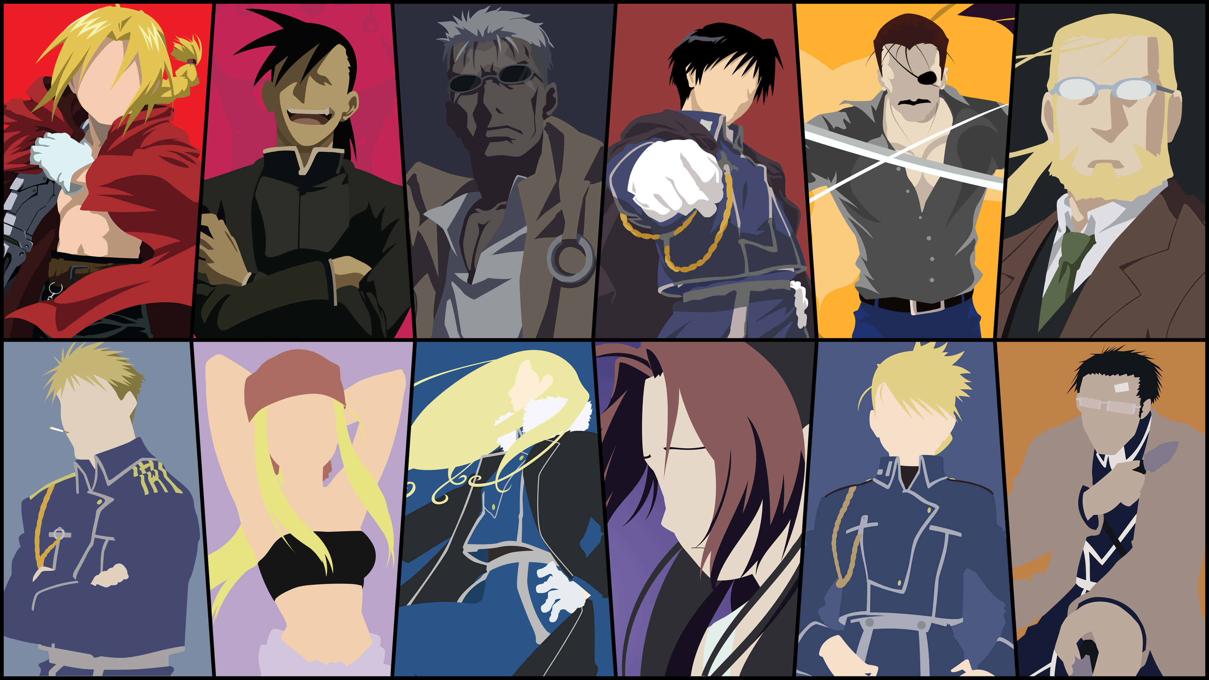 Fullmetal Alchemist Scar 桌布 壁紙 — 一張充滿活力的動漫壁紙，以十個風格化的角色為特色，分佈在鮮豔的彩色面板中，每個角色都有獨特的姿勢和表情。