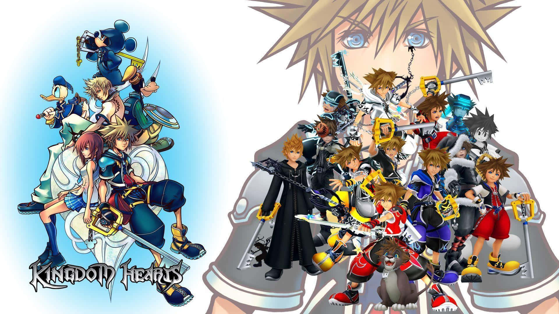 Kingdom Hearts Sora 桌布 壁紙 — 一張充滿活力的動漫桌布， featuring《王國之心》角色以動感姿勢揮舞鑰刃，背景為明亮的藍色和白色。