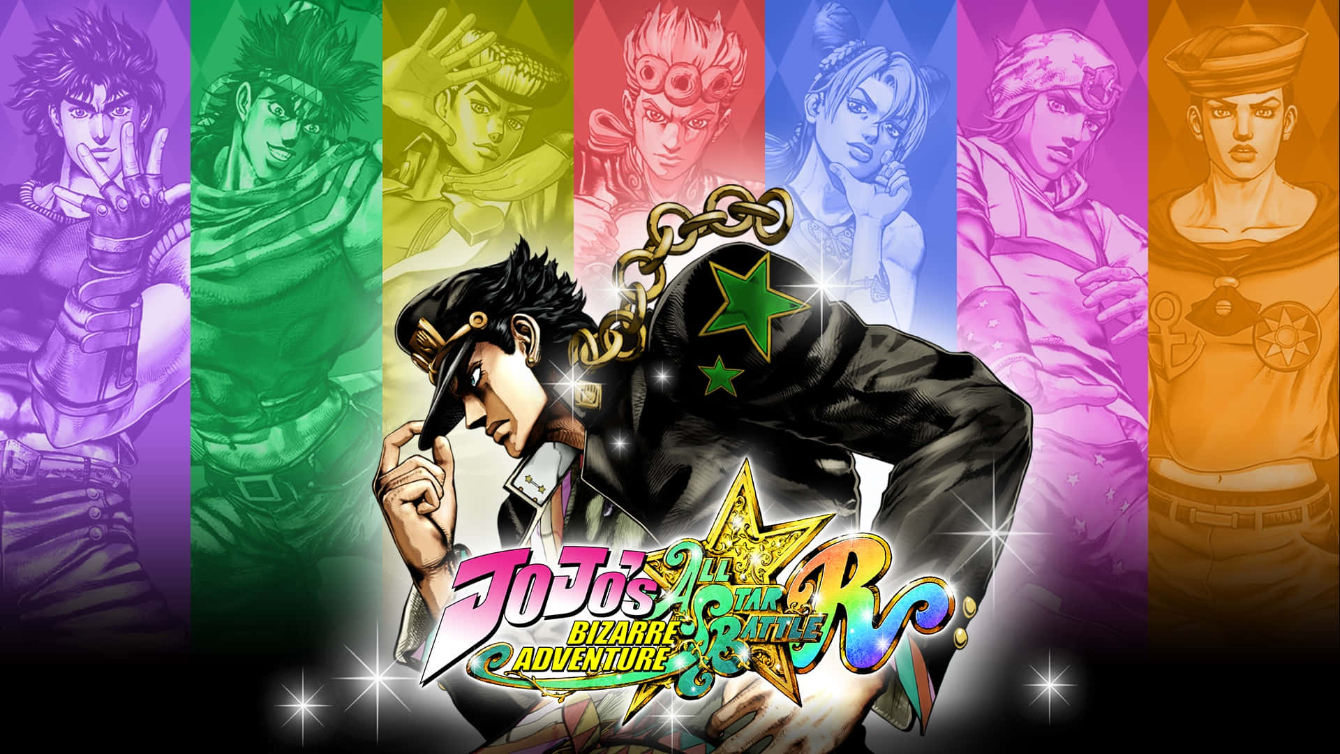 Jojo Pose 桌布 壁紙 — 一張充滿活力的動漫桌布，中央有一個帶有星星標誌和鎖鏈的JoJo角色，被其他七個角色包圍，背景是彩虹色的垂直面板。