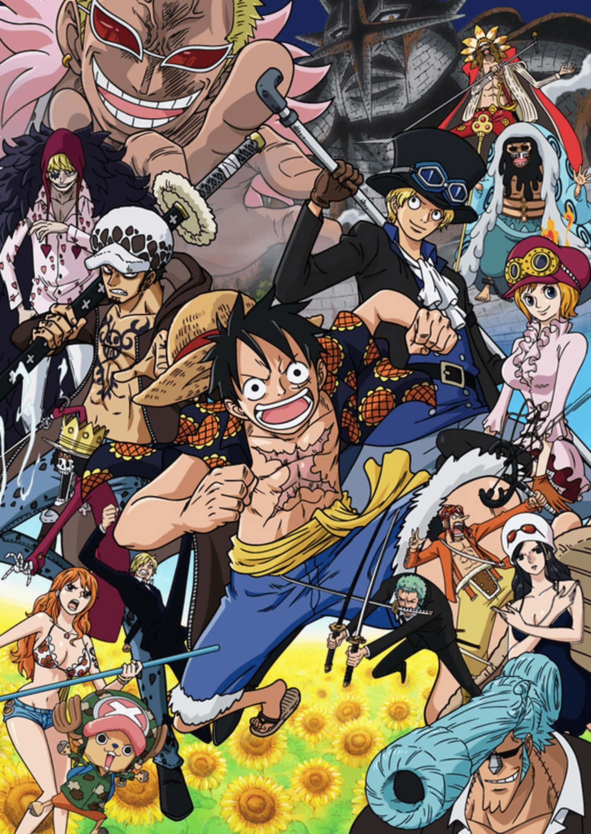Dressrosa 桌布 壁紙 — 一張充滿活力的動漫海報，以向日葵田為背景，草帽海賊團及其盟友擺出動態姿勢。