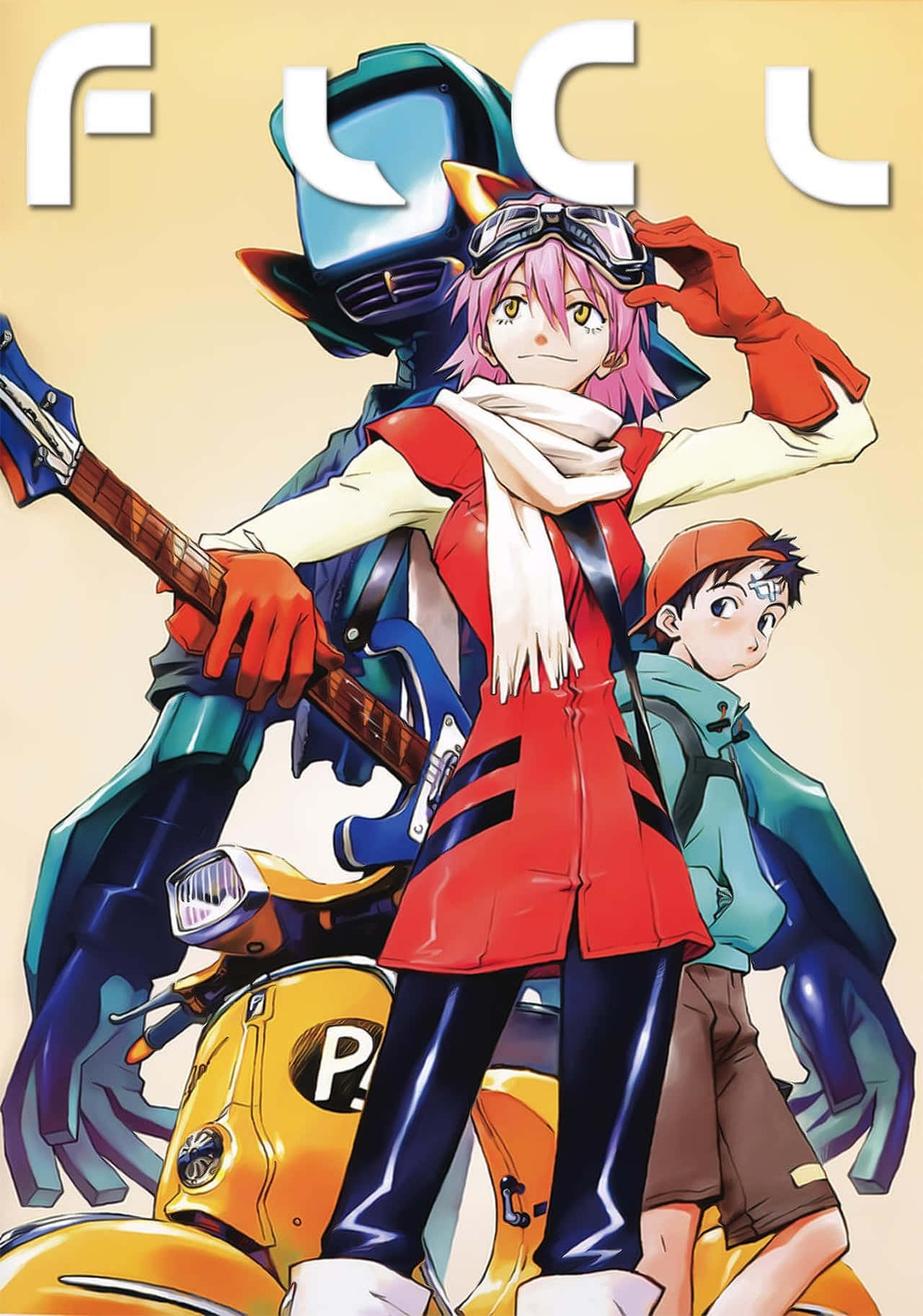 Flcl Alternative 桌布 壁紙 — 一張充滿活力的動漫海報，描繪了一位粉紅色頭髮的吉他手、一個機器人夥伴和一個騎著黃色滑板車的男孩。