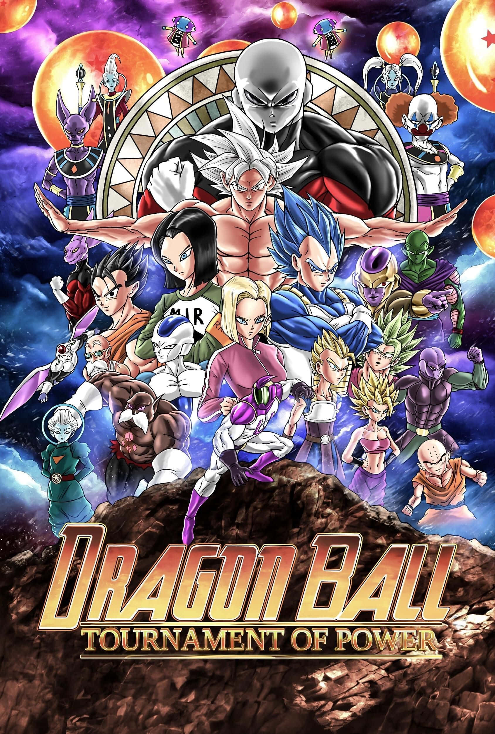 Tournament Of Power 桌布 壁紙 — 一張充滿活力的動漫海報，描繪了標誌性的龍珠角色站在岩石星球上，背景是宇宙和漂浮的行星。