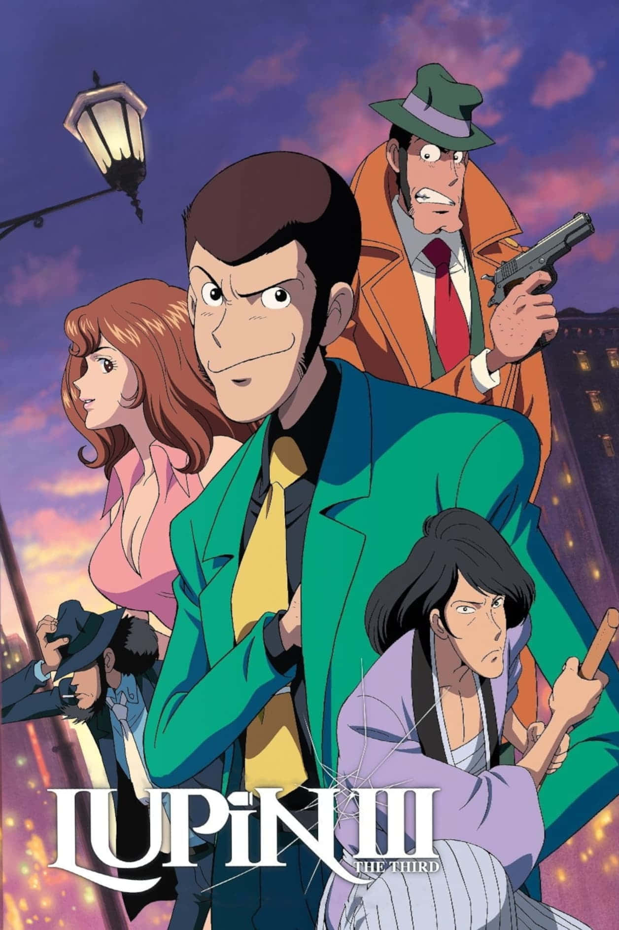 lupin iii 桌布 壁紙 — 一張充滿活力的動漫海報，描繪了魯邦三世和他的團隊在暮色城市天際線背景下，帶有戲劇性燈光。