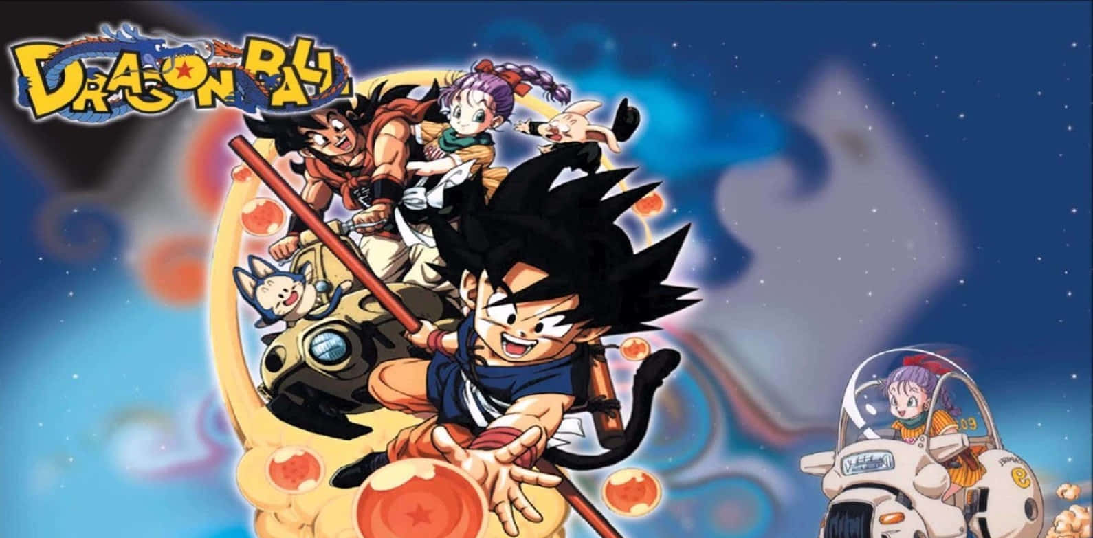 Dragon Ball Movies 桌布 壁紙 — 一張充滿活力的動漫海報，描繪年輕的悟空和朋友們在宇宙背景下擺出動感姿勢，並帶有龍珠標誌。