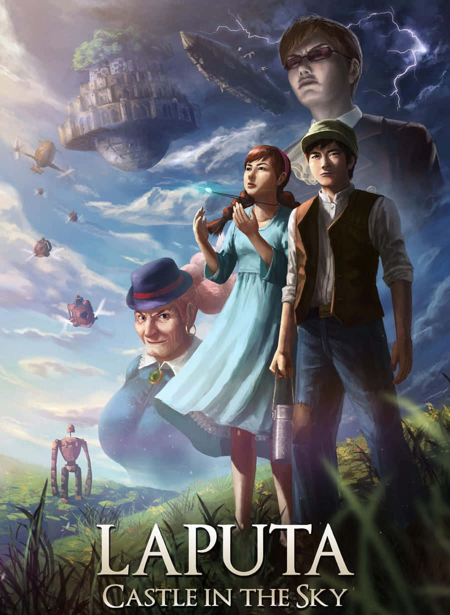 Castle In The Sky 桌布 壁紙 — 一張充滿活力的動漫海報，角色站在草地上，背景有浮空城堡和飛行機器，天空風暴密佈。