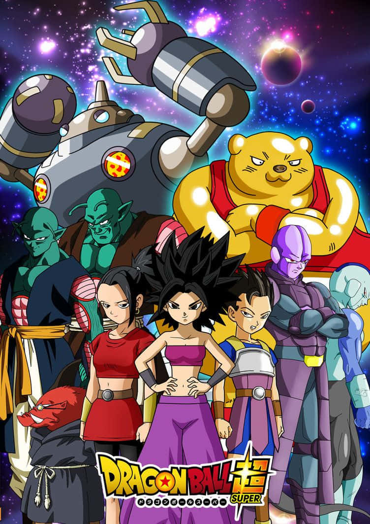 Dragon Ball Super Universe 6 桌布 壁紙 — 一張充滿活力的動漫海報，龍珠超角色英勇地站在宇宙星空背景前。