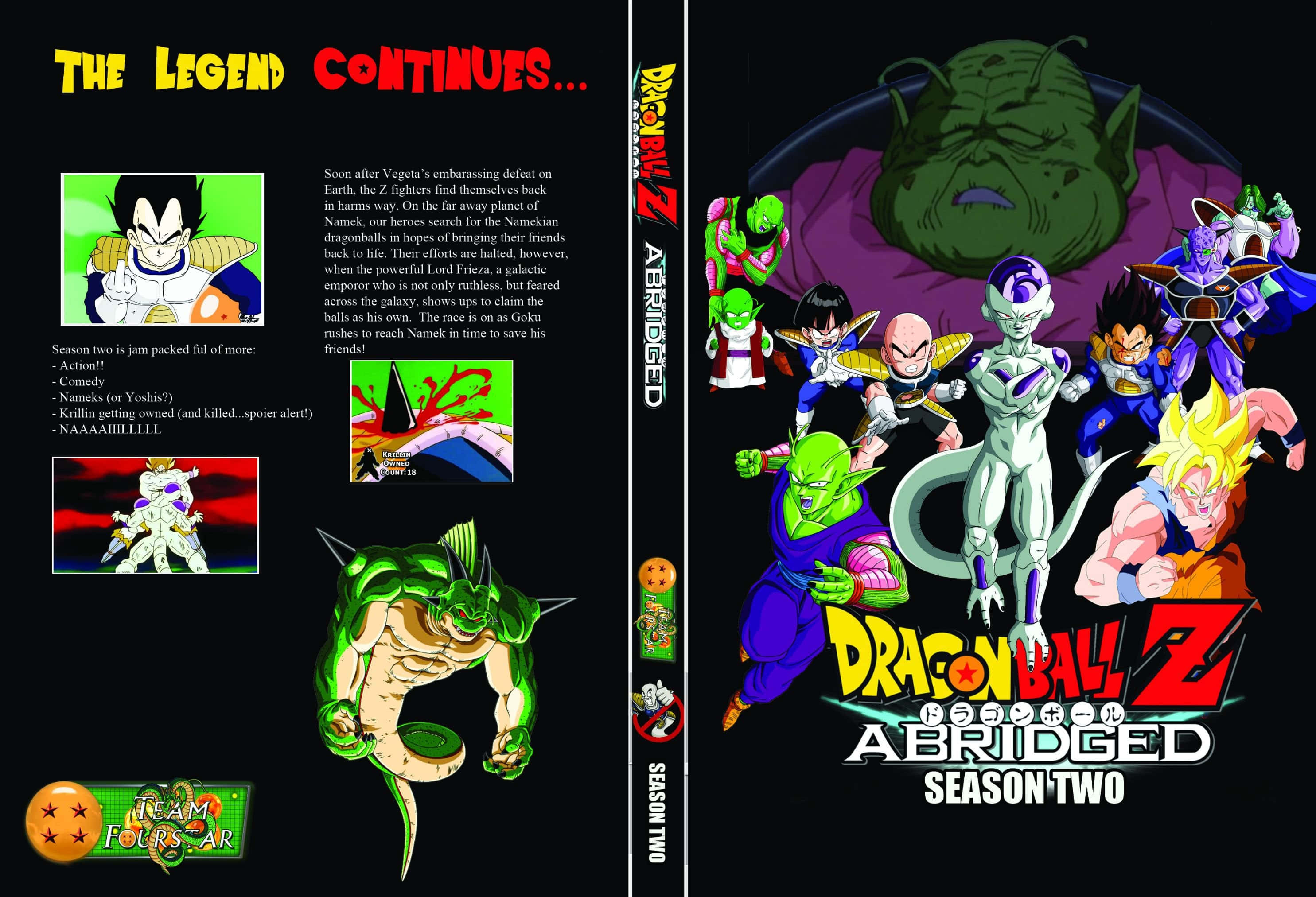 Dragon Ball Z Abridged 桌布 壁紙 — 一張充滿活力的動漫風格DVD封面，為《龍珠Z 精簡版 第二季》設計， featuring 比達、悟空和菲利等角色，背景是黑暗的宇宙。
