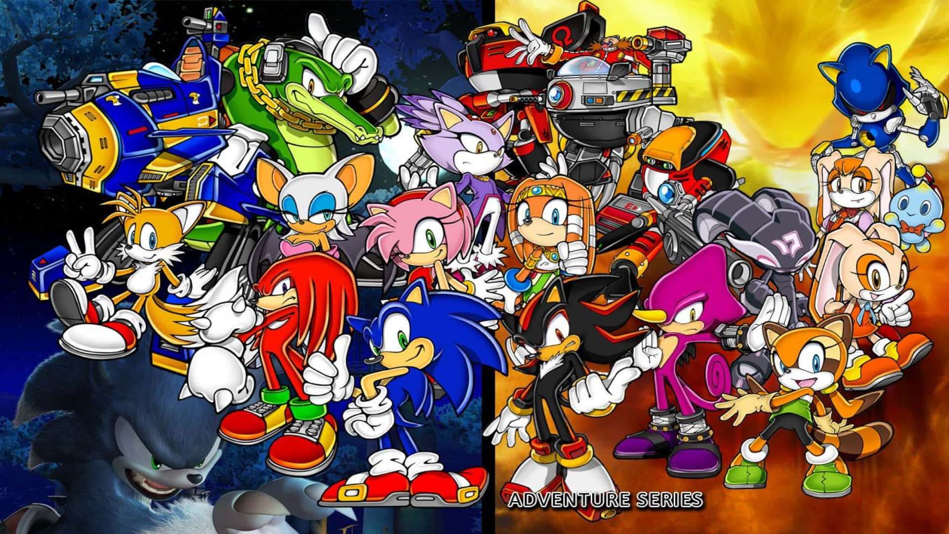 Sonic Adventure HD 桌布 壁紙 — 一張充滿活力的動漫風格團體照，刺蝟索尼克和朋友們以動感姿勢，背景分為宇宙和火焰。