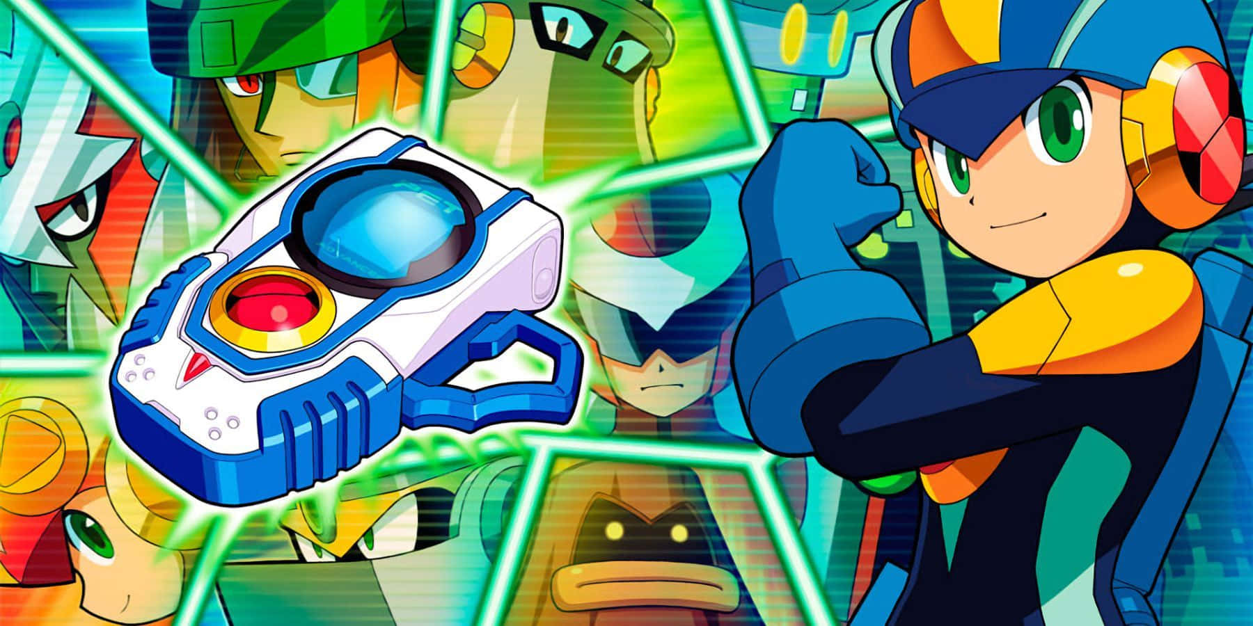 洛克人 桌布 壁紙 — 一張充滿活力的動漫風格壁紙， featuring Mega Man 和他標誌性的手臂加農炮，周圍環繞著發光的綠色能量和其他機械角色。