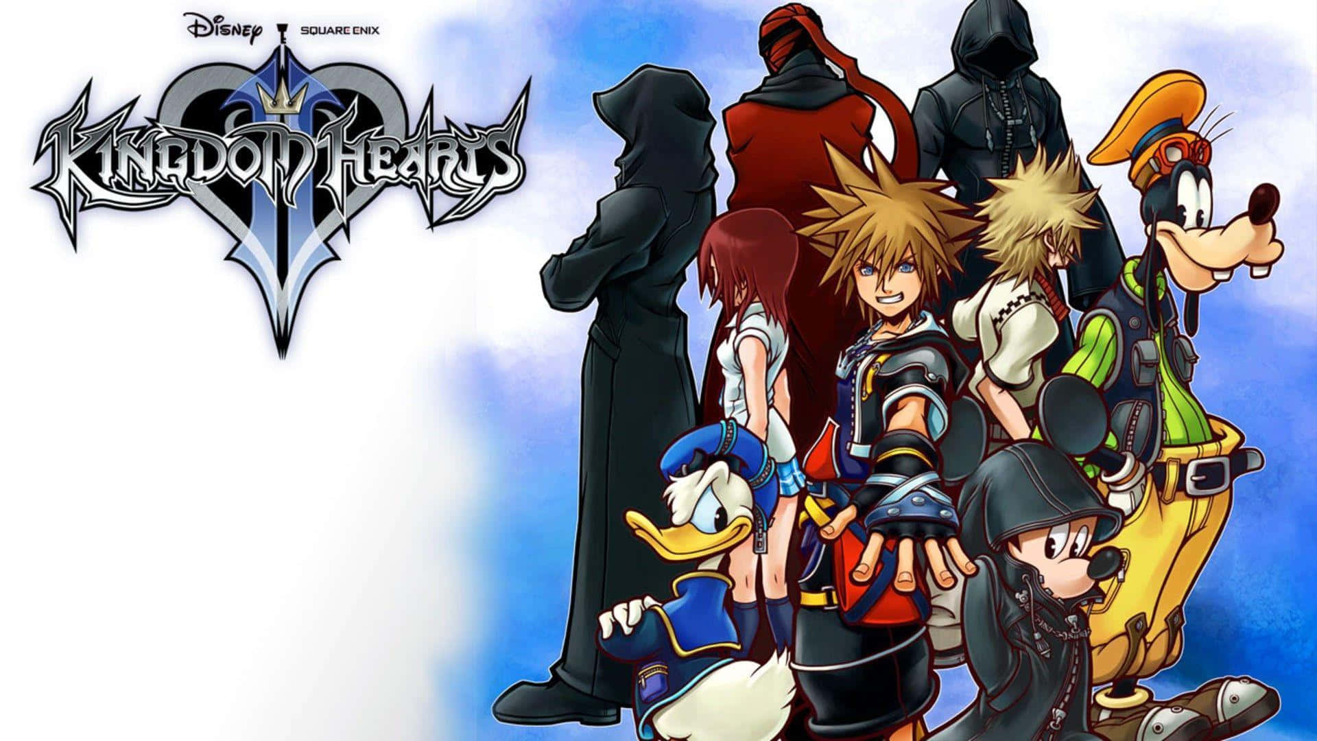 Kingdom Hearts Sora 桌布 壁紙 — 一張充滿活力的動漫風格壁紙， featuring 王國之心角色如索拉、唐老鴨、高飛和米奇老鼠，一起站在藍天背景下。