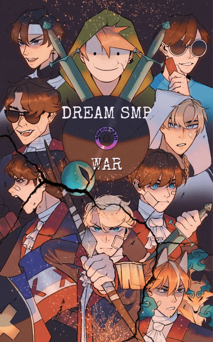 動漫角色手持劍圍繞一個標有Dream SMP War的破裂CD。