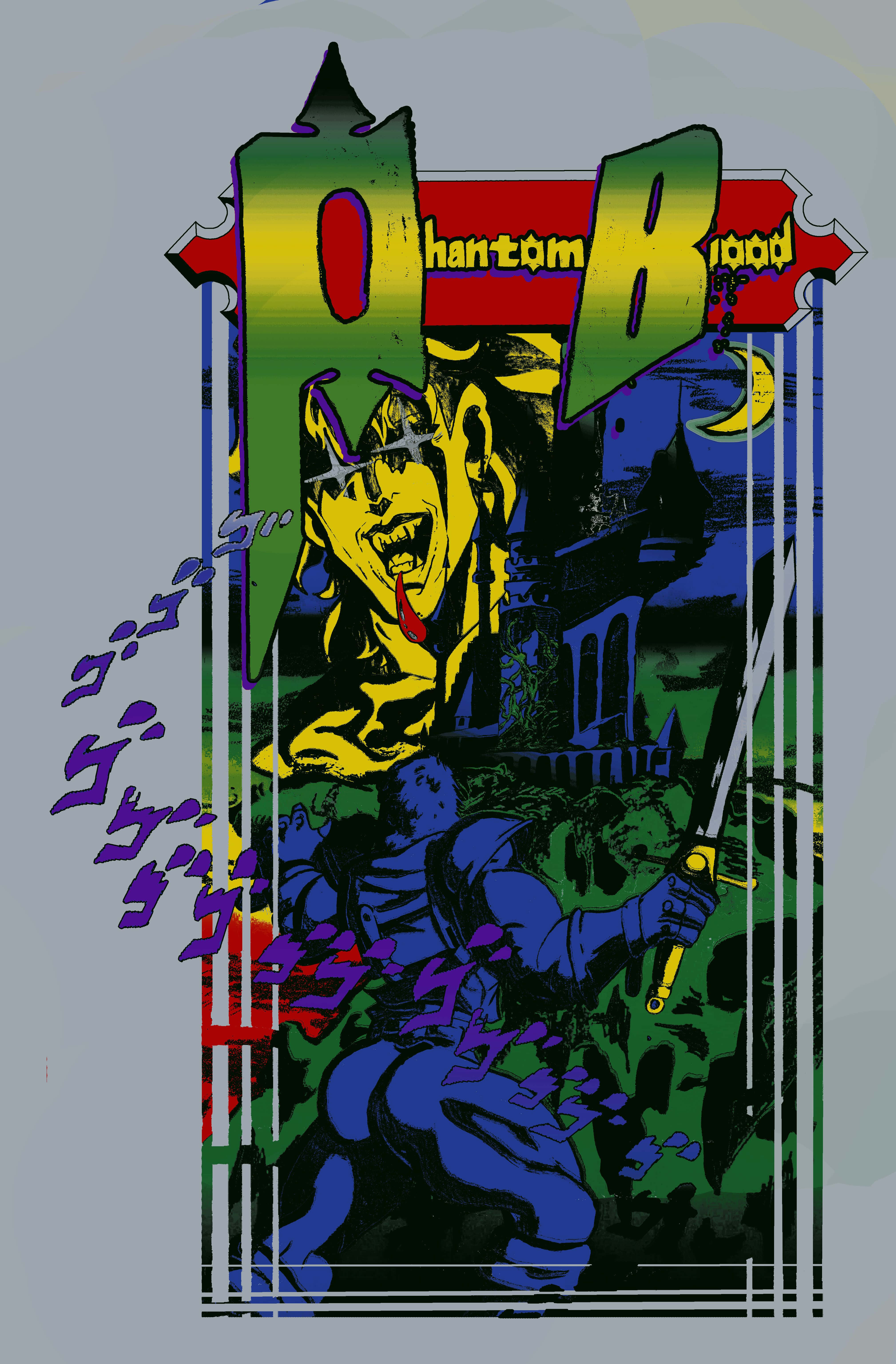Phantom Blood 桌布 壁紙 — 一張充滿活力的動漫風格海報，為《幻影之血》設計， featuring 一個尖叫的黃臉角色和一個藍衣戰士在哥德式場景中。