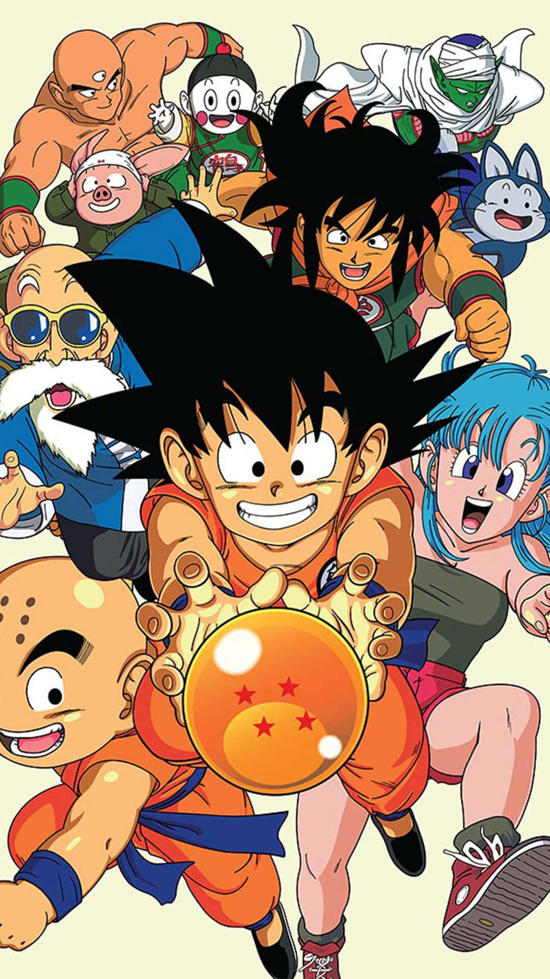 Dragon Ball Z Characters 桌布 壁紙 — 一張充滿活力的動畫團體照，悟空手持發光的龍珠，被他的朋友和對手包圍。