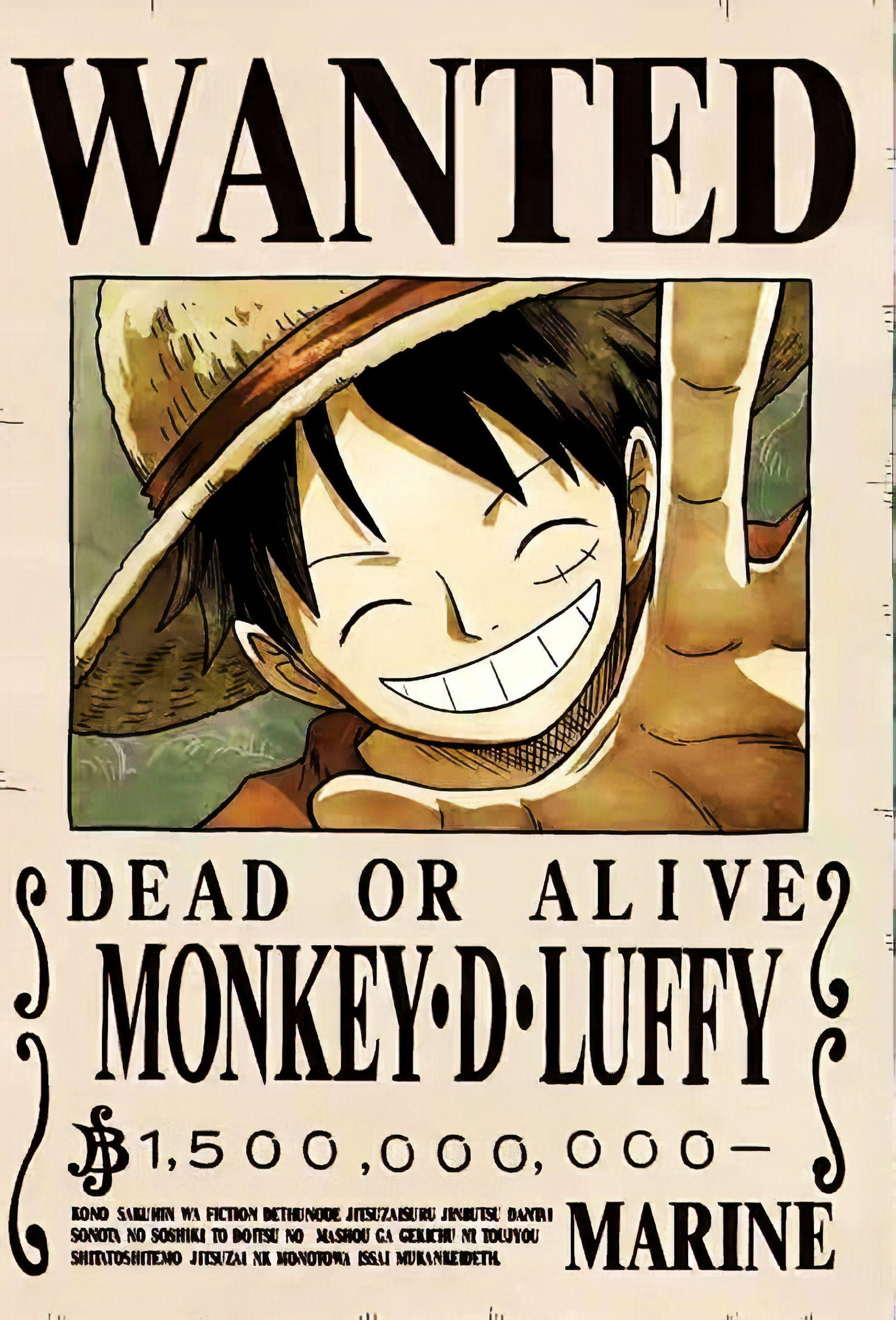 luffy smile 桌布 壁紙 — 一張充滿活力的動畫懸賞海報，描繪蒙奇·D·路飛在草帽下咧嘴大笑，配有粗體黑色文字和華麗裝飾。