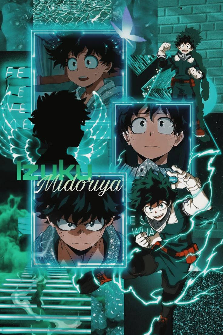 Sparkly Green Aesthetic My Hero Academia Midoriya 壁紙 — 一張充滿活力的動畫拼貼畫，描繪了綠谷出久的多種動態姿勢，帶有發光的青綠色閃電效果和發光文字。