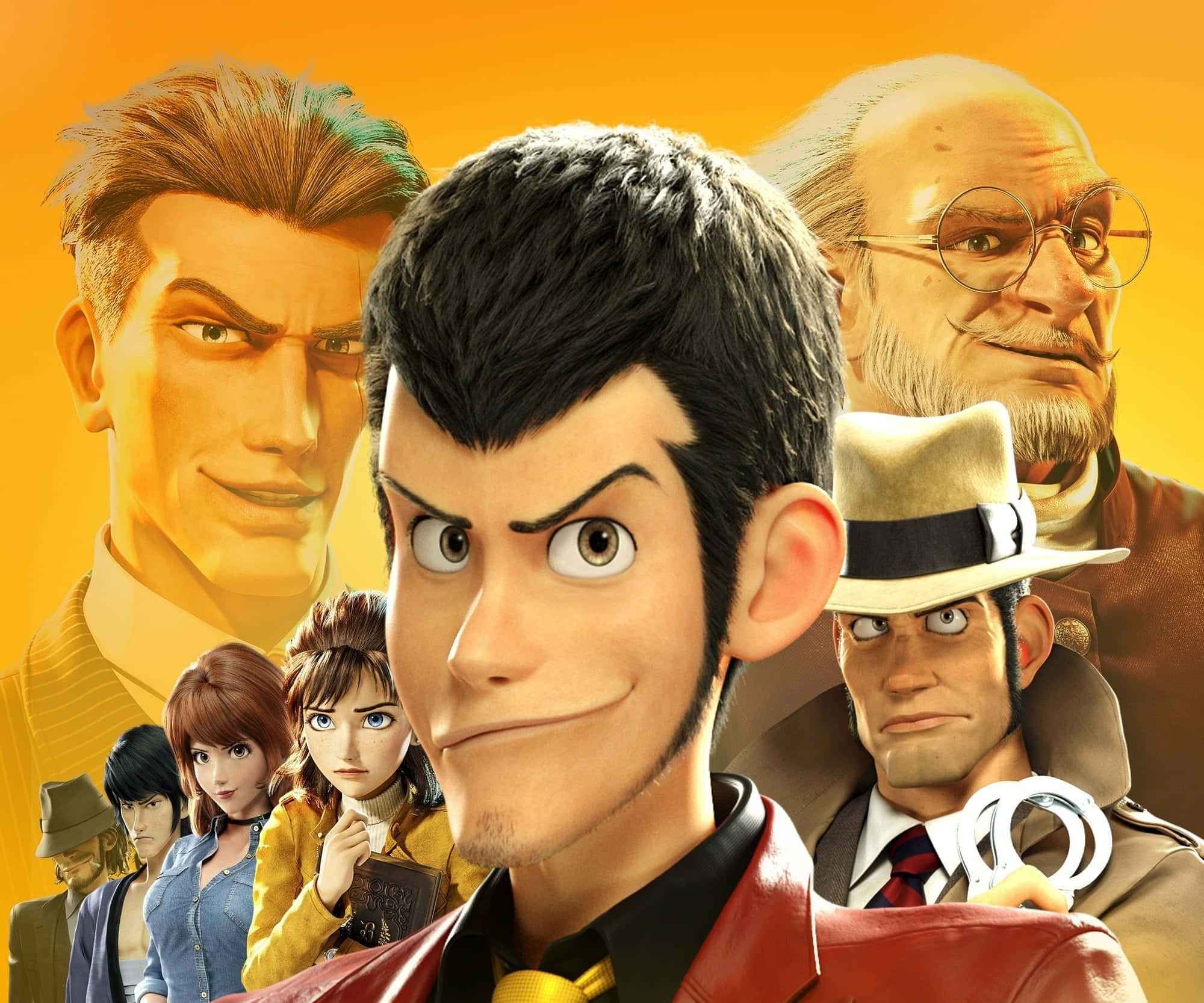 lupin iii 桌布 壁紙 — 一張充滿活力的動畫海報，中央是一位帶著狡黠笑容的偵探，被他的嚴肅而古怪的團隊包圍，背景是溫暖的橙色。