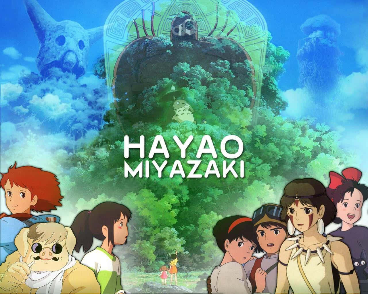 Hayao Miyazaki Movies 桌布 壁紙 — 一張充滿活力的動畫海報，以宮崎駿的標誌性角色和巨大的森林精靈為特色，背景是明亮的藍天。