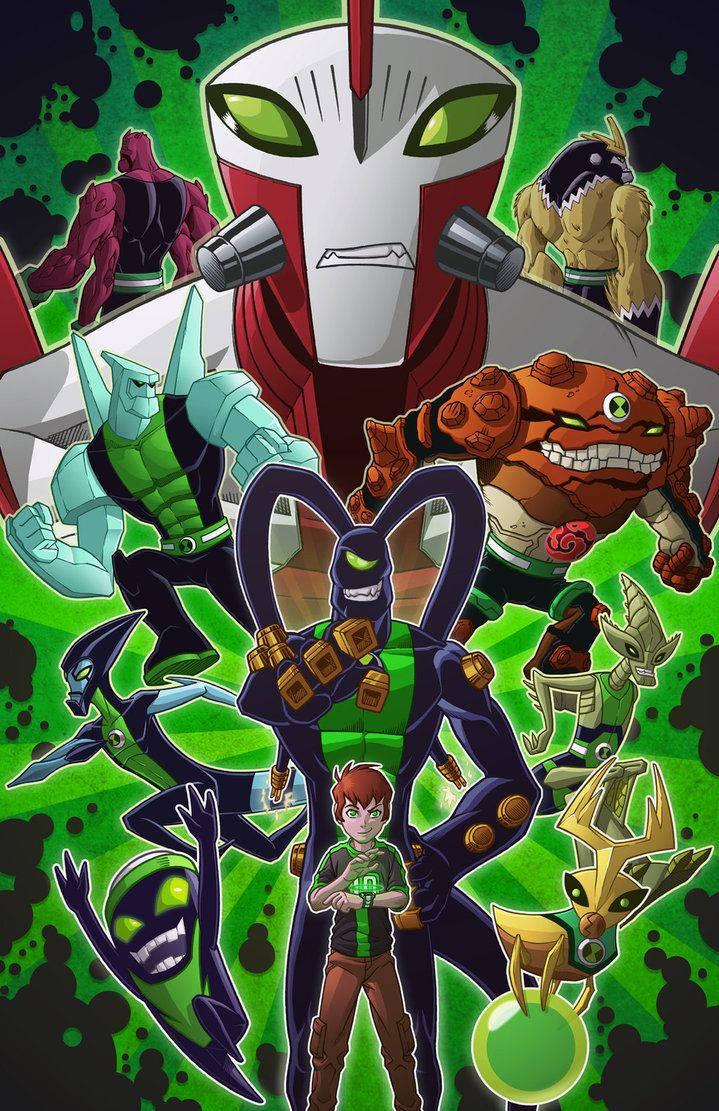 Ben 10 Omnitrix 桌布 壁紙 — 一張充滿活力的動畫海報，以班·坦尼森為主角，他被自己的外星超級英雄形態包圍，背景是綠色潑濺效果。