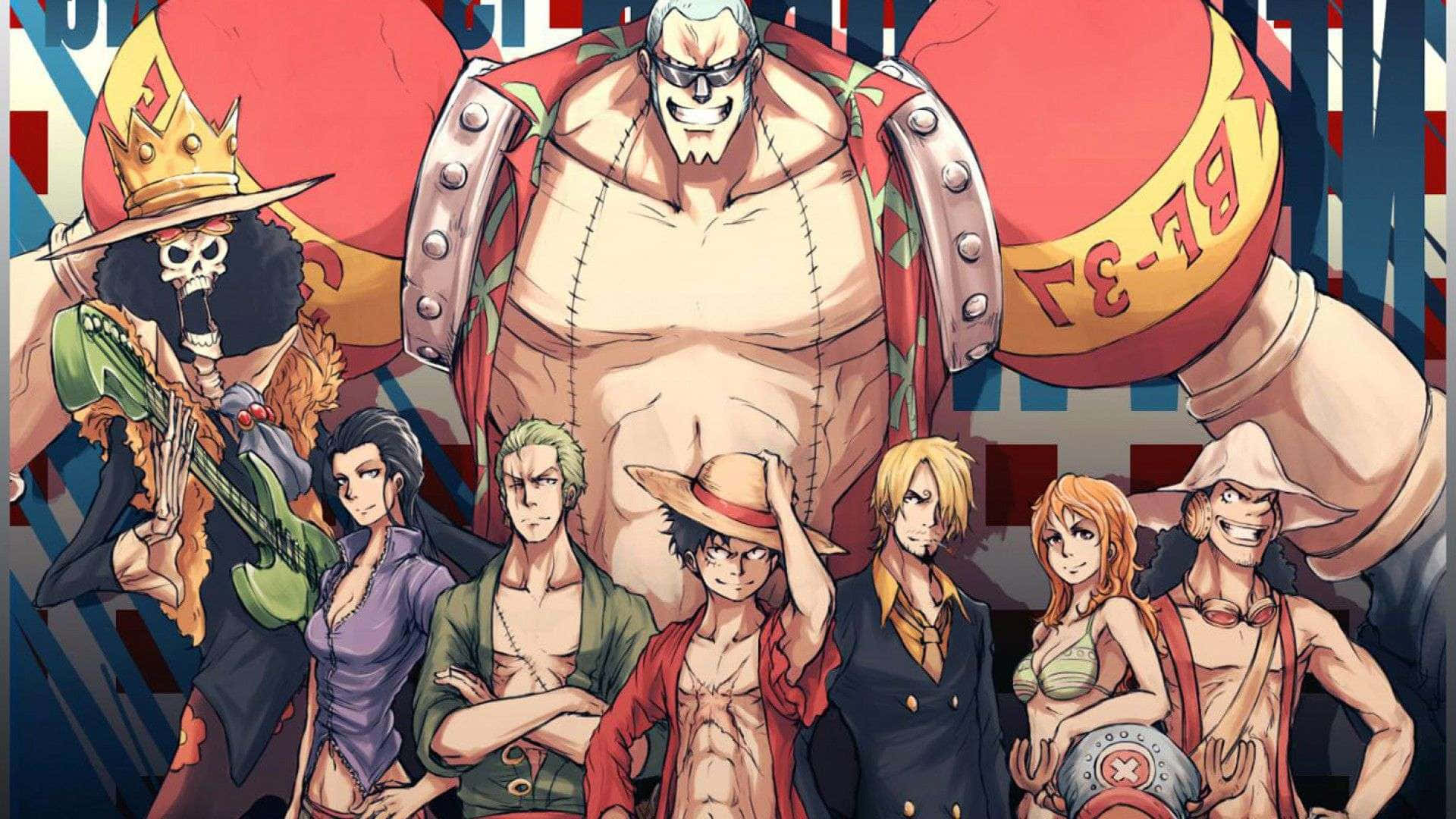 Dressrosa 桌布 壁紙 — 一張充滿活力的動畫海報，描繪草帽海賊團成員英勇地站在大膽的紅藍條紋背景前。