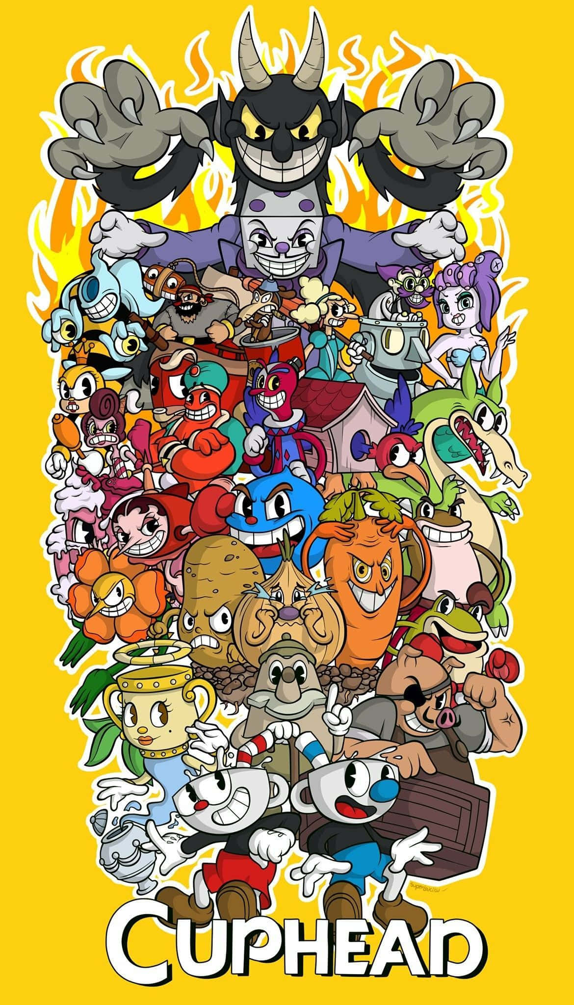 茶杯頭 桌布 壁紙 — 一張充滿活力的卡通海報，以 Cuphead 和他數十個色彩繽紛、誇張的遊戲角色為特色，背景為明亮的黃色。