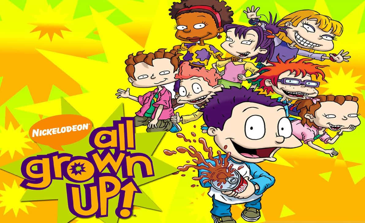 rugrats 桌布 壁紙 — 一張充滿活力的卡通海報，描繪了長大後的 Rugrats 幫，在明亮的黃色星爆背景前充滿能量。