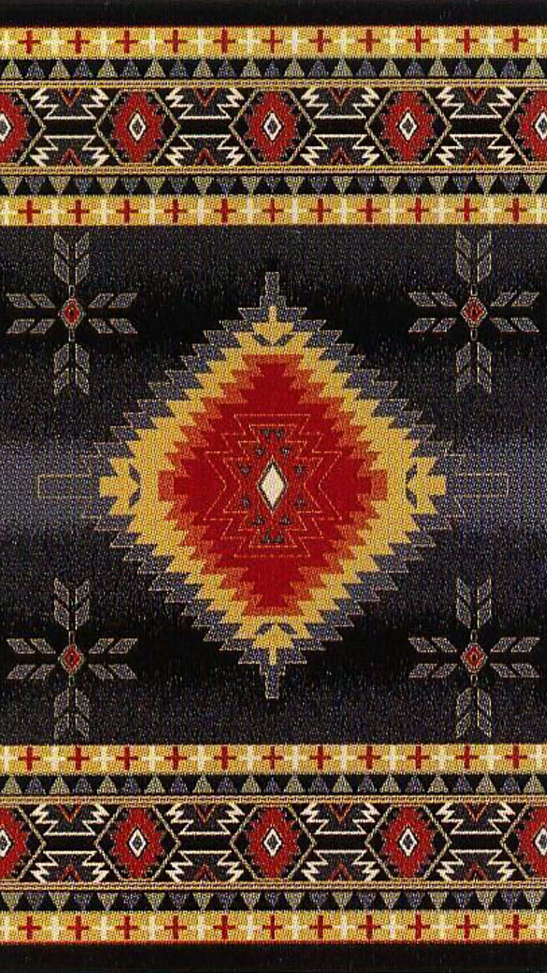 Carpet 桌布 壁紙 — 一張充滿活力的幾何圖案地毯，在深色背景上帶有紅色、黃色和黑色的部落圖案。