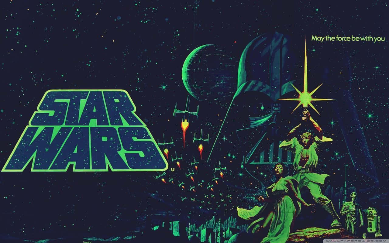 Cool Star Wars 桌布 壁紙 — 一張充滿活力的復古星際大戰海報， featuring 達斯維達、路克天行者、莉亞、R2-D2、死星和X翼戰機，背景是星空。