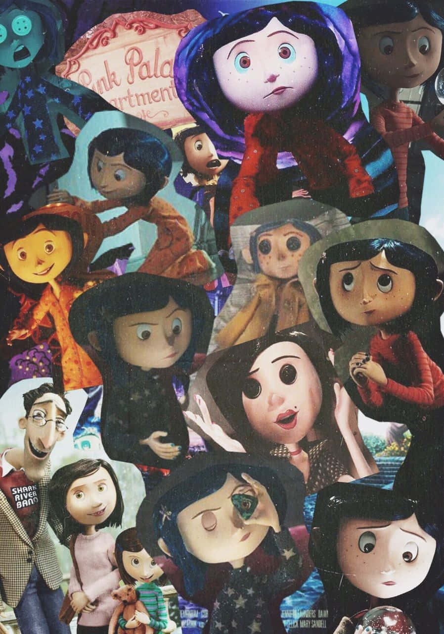 Coraline 桌布 壁紙 — 一張充滿活力的拼貼畫，描繪《Coraline》中的動畫角色，表情豐富，服飾色彩繽紛，背景奇幻。