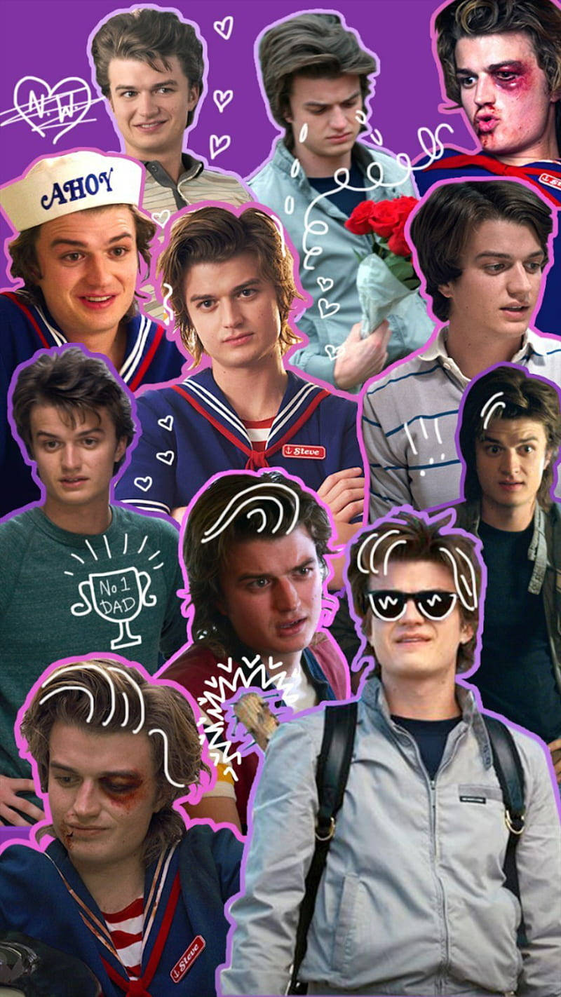 Netflix 桌布 壁紙 — 一張充滿活力的拼貼畫，由演員祖基利（Joe Keery）在《怪奇物語》中飾演史提夫夏靈頓（Steve Harrington）的多個肖像剪影組成，背景為紫色，並帶有塗鴉心形和漫畫效果。