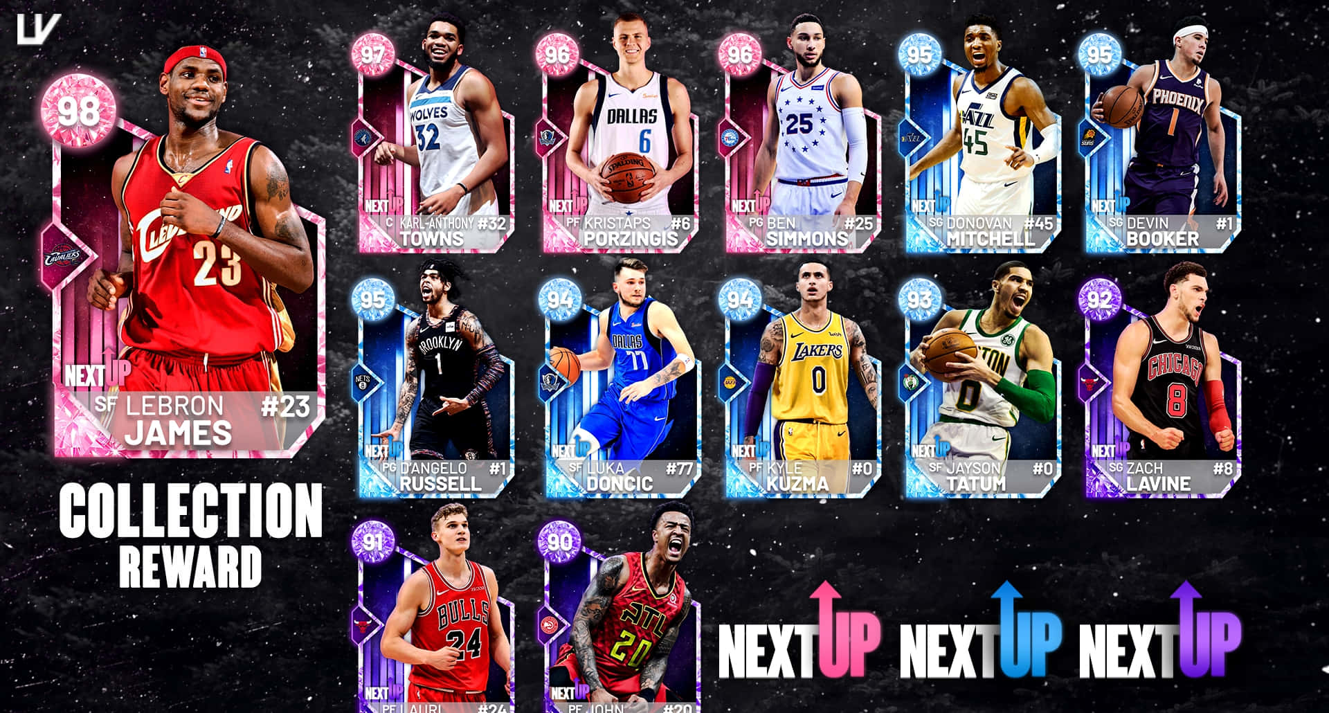 NBA 2k20 桌布 壁紙 — 一張充滿活力的數碼拼貼畫，NBA球員卡在星光宇宙背景上閃耀著評分。