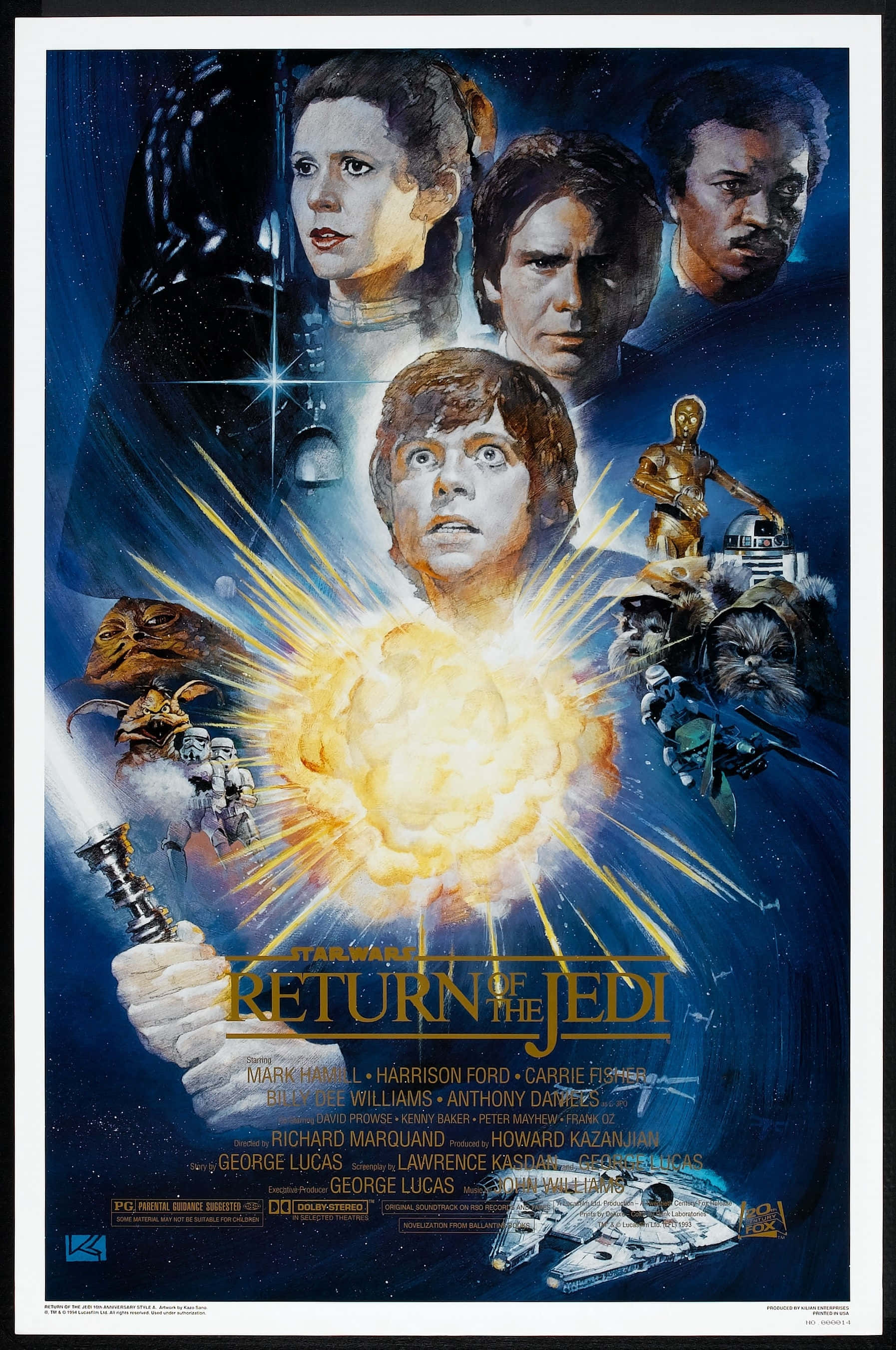 Return Of The Jedi 桌布 壁紙 — 一張充滿活力的星際大戰海報，描繪路克、莉亞、韓和其他角色圍繞著發光的光劍爆炸，背景是星空。