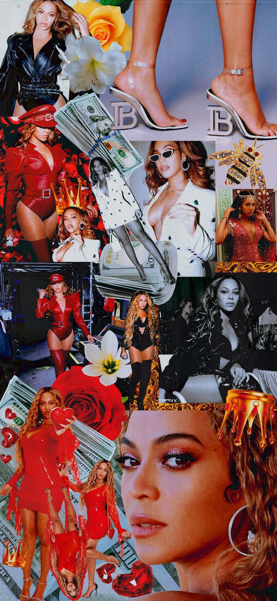 Beyoncé 桌布 壁紙 — 一張充滿活力的碧昂絲拼貼畫，展現華麗服裝、高跟鞋以及金錢和玫瑰等奢華道具。