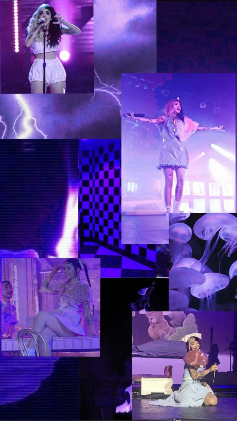 Melanie Martinez 桌布 壁紙 — 一張充滿活力的紫色調拼貼畫，描繪一位歌手在舞台上表演、跳舞和休息，周圍環繞著動態燈光和超現實元素。
