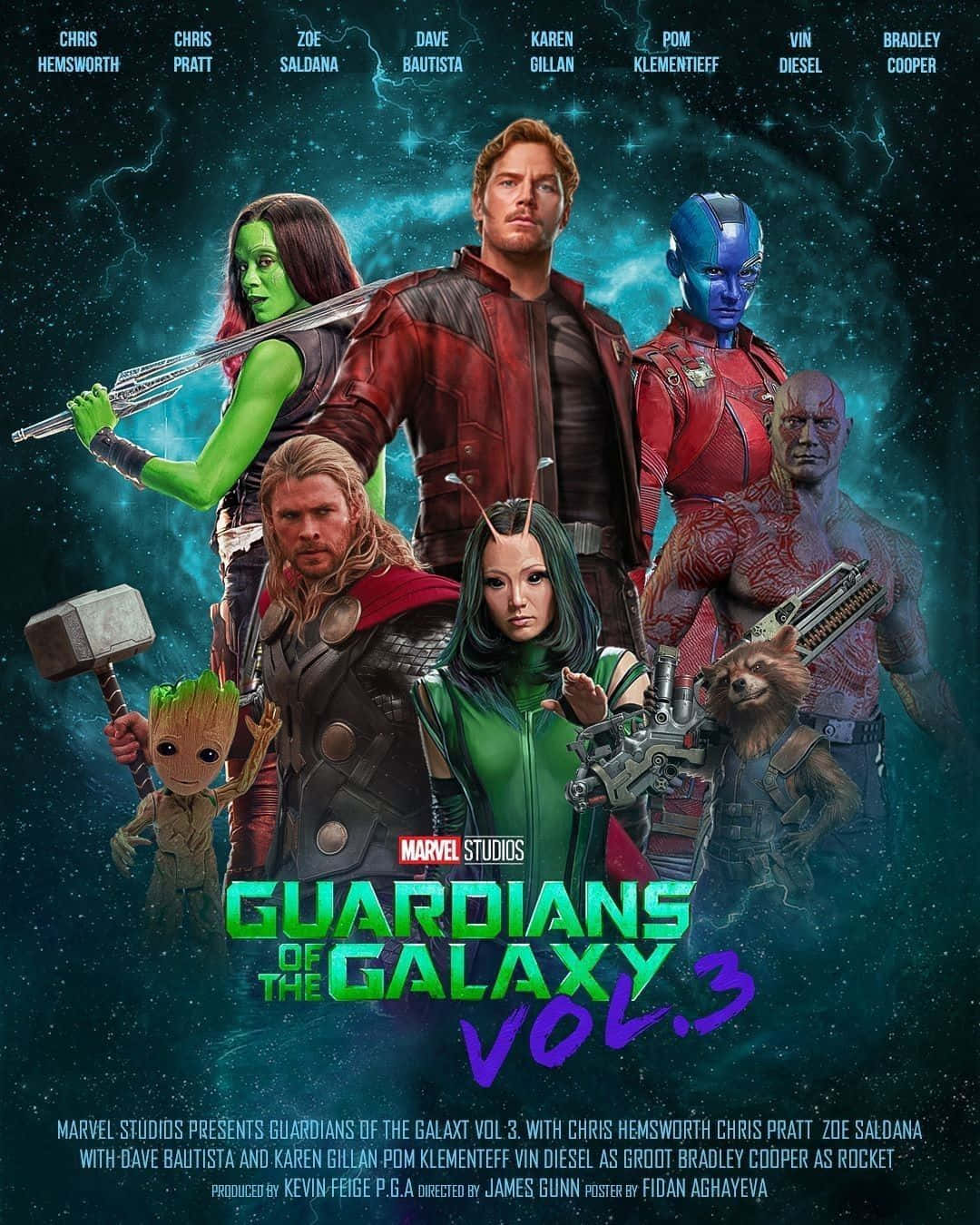 Guardians Of The Galaxy 3 桌布 壁紙 — 一張充滿活力的電影海報，以銀河守護隊團隊為特色，背景是宇宙星空。