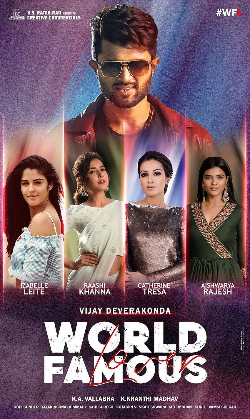 Indian 桌布 壁紙 — 一張充滿活力的電影海報，演員Vijay Deverakonda和四位女演員在發光的紫色和藍色漸變背景上，配有粗體文字。