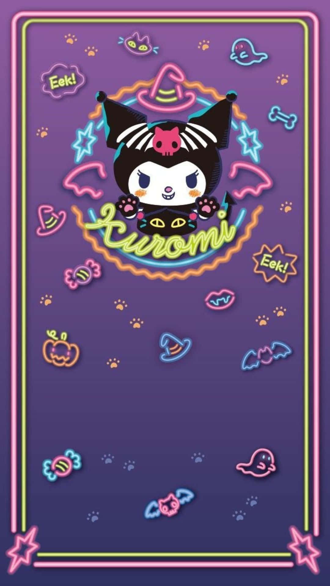 Kuromi Halloween 桌布 壁紙 — 一張充滿活力的霓虹萬聖節主題壁紙，Kuromi 戴著巫師帽，周圍環繞著發光的糖果蝙蝠和星星，背景為紫色漸變。