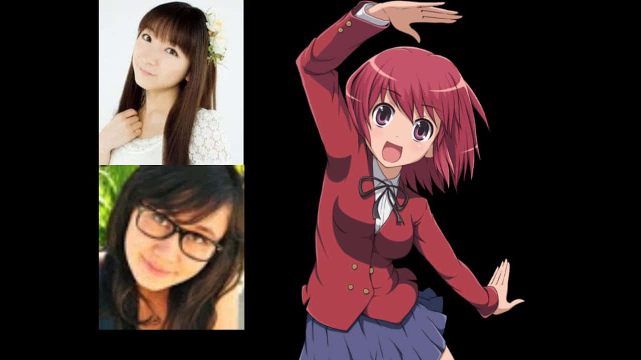 Minori Kushieda 桌布 壁紙 — 一張分割圖像，顯示兩位真實女性和一位身穿紅色外套的動漫女孩在黑色背景前充滿活力地擺姿勢。