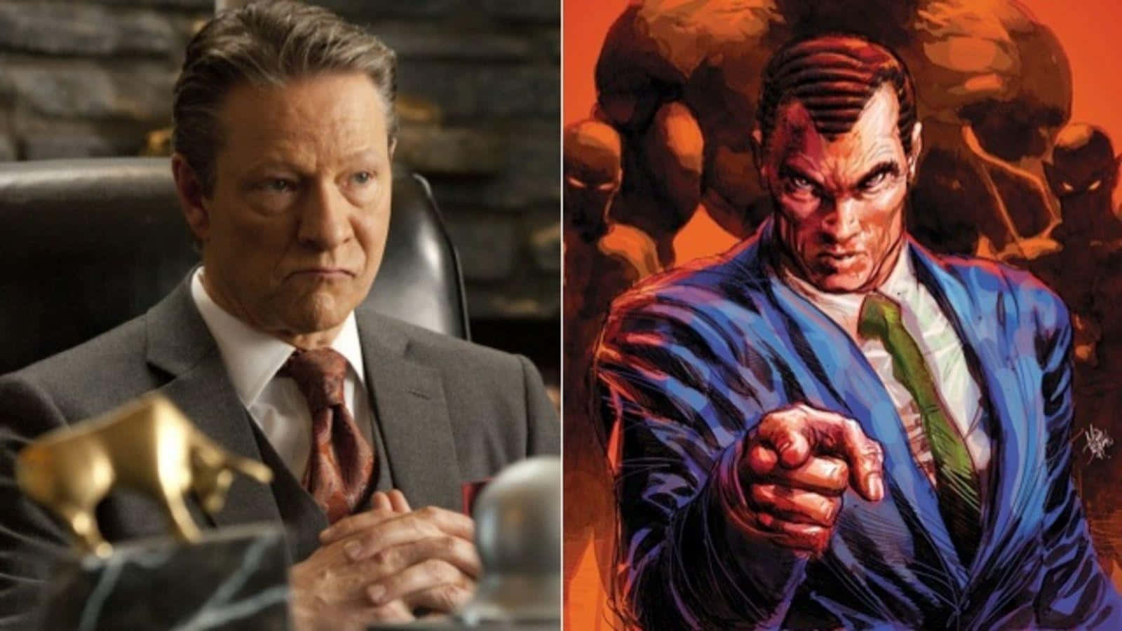 Norman Osborn 桌布 壁紙 — 一張分割圖片顯示一個嚴肅的西裝男子旁邊有一個穿著藍色西裝向前指的漫畫角色。
