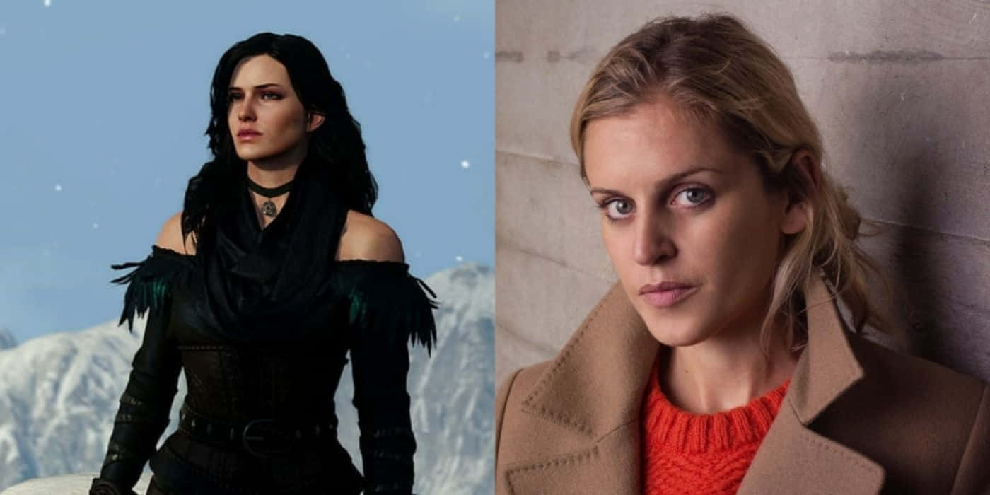 The Witcher Characters 桌布 壁紙 — 一張分割圖片顯示一個奇幻戰士在雪山中，旁邊是一個真實的女人穿著外套靠在石牆上。