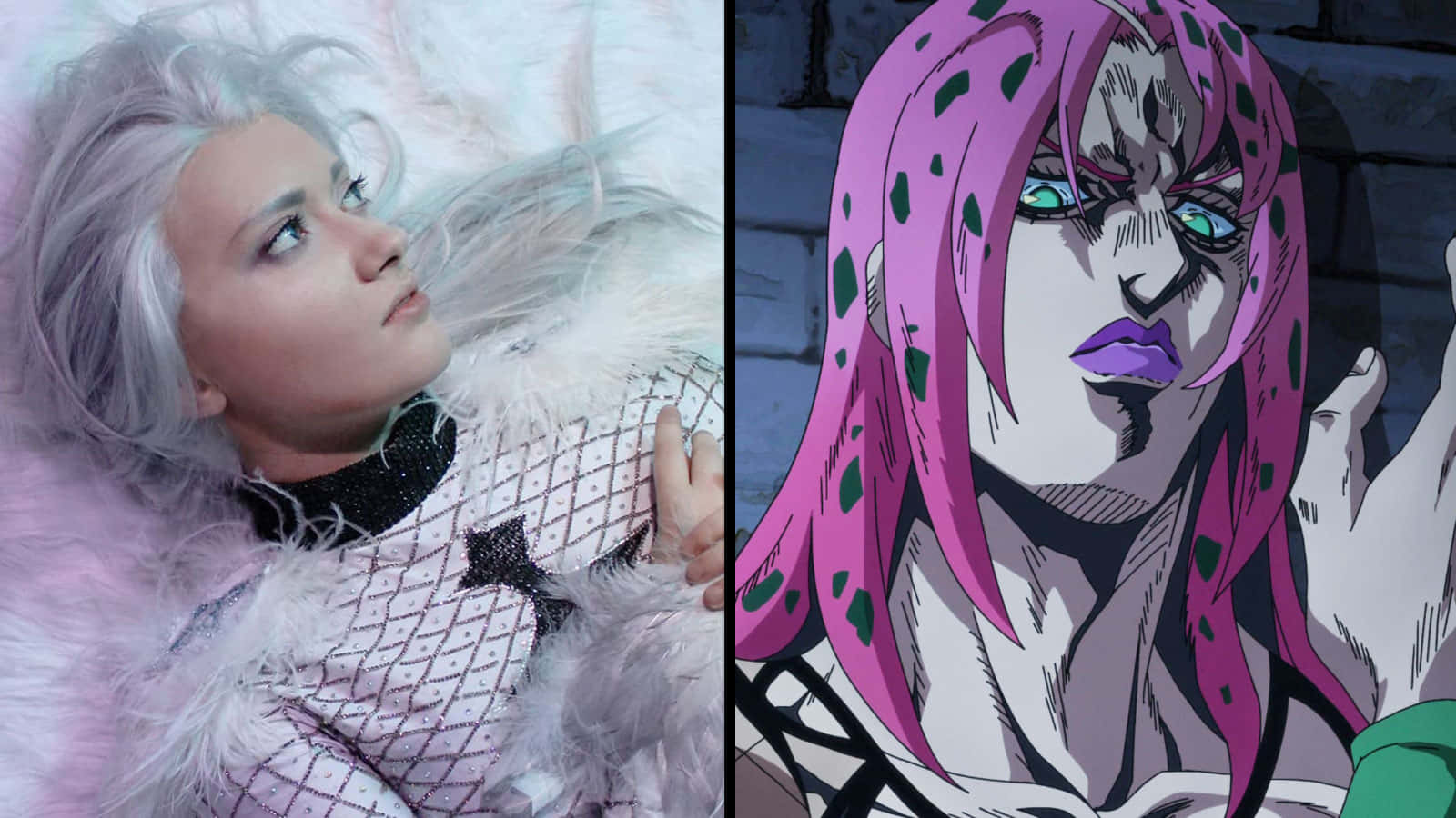 Jojo's Bizarre Adventure Diavolo 桌布 壁紙 — 一張分割圖片顯示一個銀色頭髮的人穿著毛茸茸的粉紅色服裝，旁邊是一個粉紅色頭髮和綠色眼睛的動漫角色。