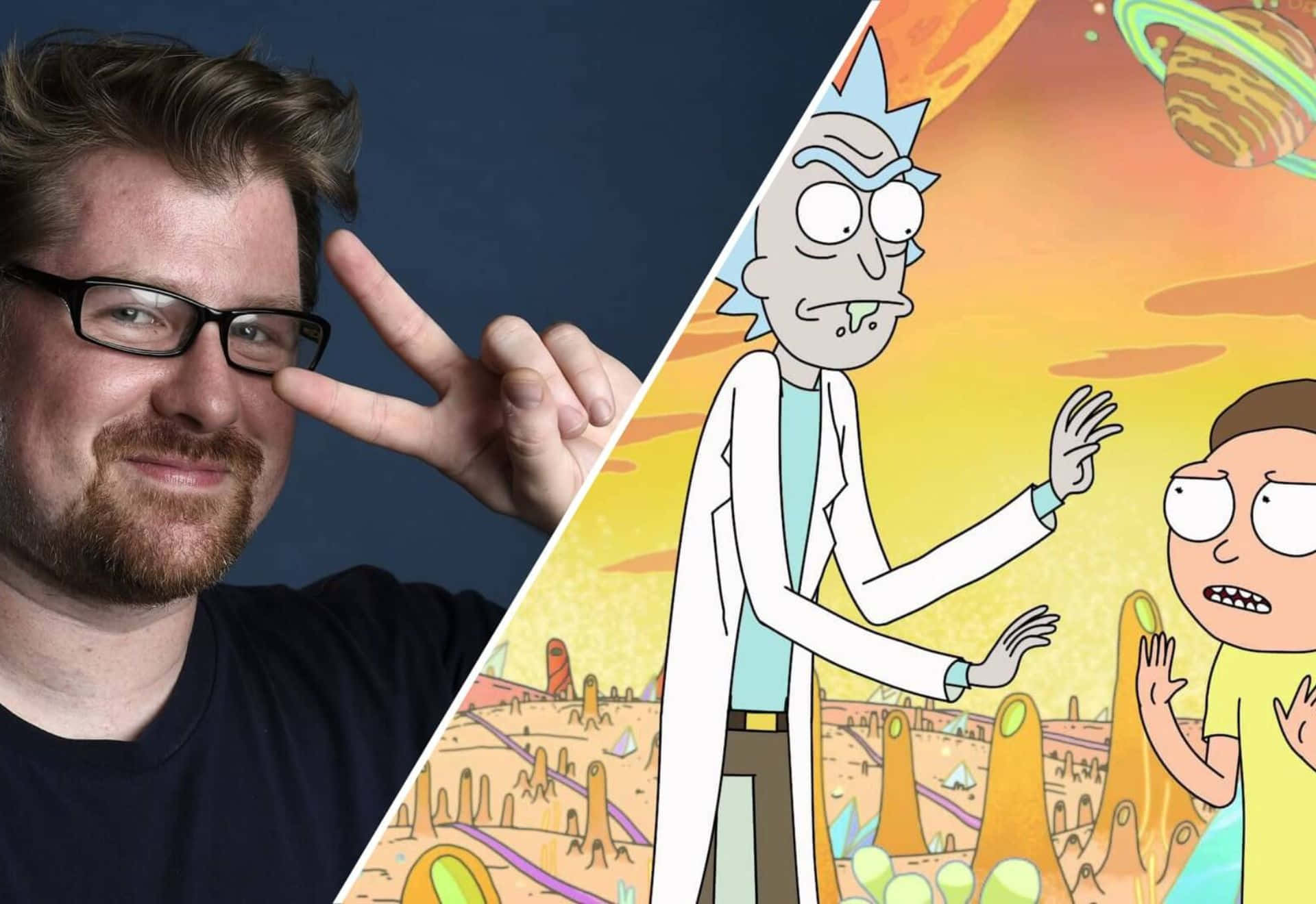Justin Roiland 桌布 壁紙 — 一張分割圖片顯示一名男子在色彩繽紛的外星景觀中，在動畫角色瑞克和莫蒂旁邊做出和平手勢。