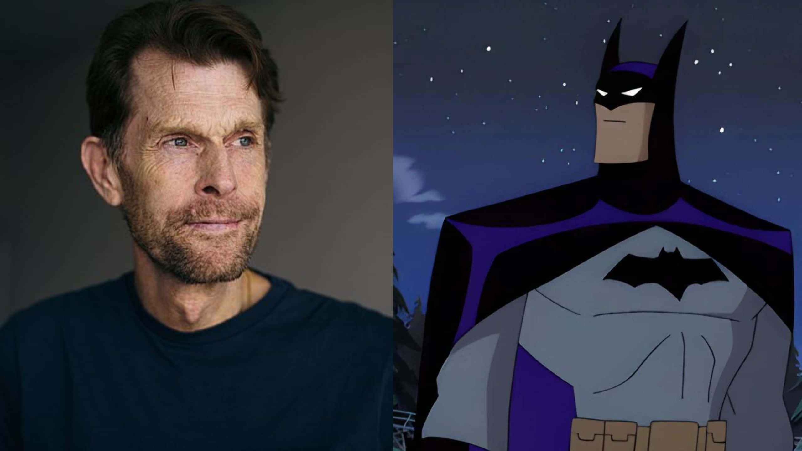 Kevin Conroy 桌布 壁紙 — 一張分割圖片顯示左邊的演員Kevin Conroy和右邊他的動畫蝙蝠俠角色，背景是星空夜空。