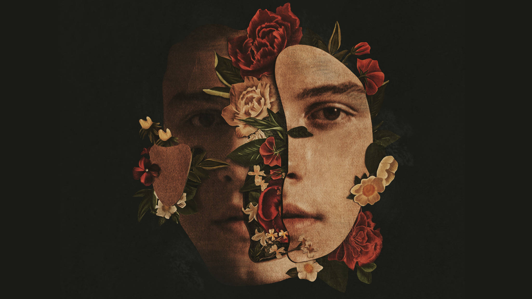 Shawn Mendes《The Album》 壁紙 — 一張分裂的臉部肖像，其中一半被鮮豔的紅色和奶油色花朵覆蓋，背景為深色。