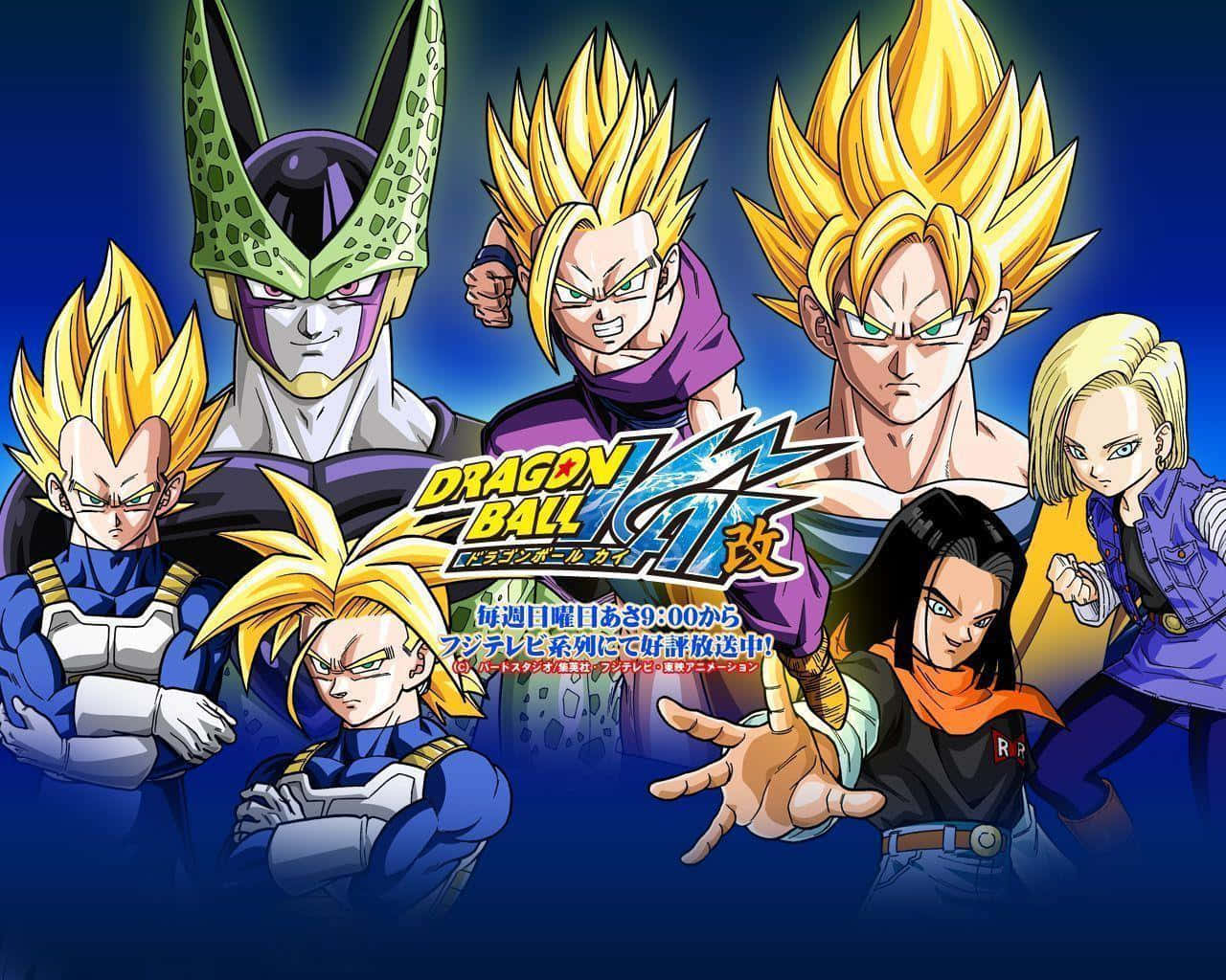 Dragon Ball Z Kai 桌布 壁紙 — 一張動態動漫壁紙，以深藍色背景為襯托，展示七個超級撒亞人形態的龍珠Z角色。