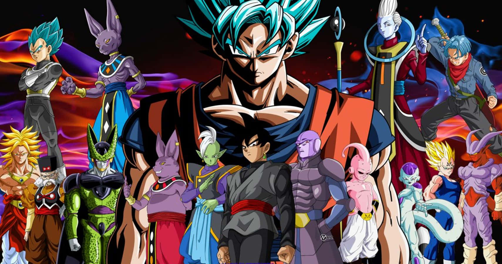 Dragon Ball Characters 桌布 壁紙 — 一張動態動漫壁紙，以藍髮戰士為中心，周圍環繞著不同角色，背景是宇宙。