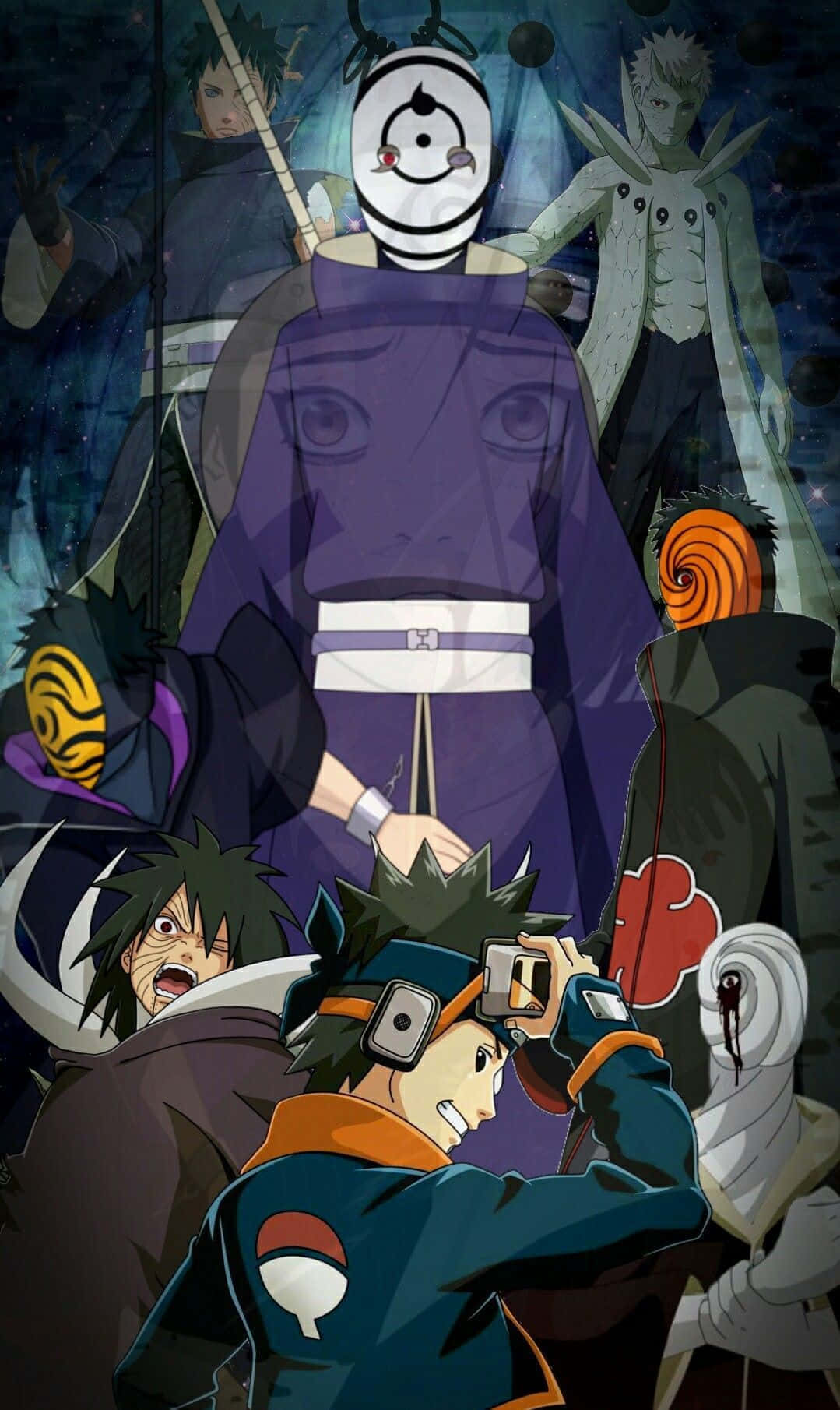 Kakashi And Tobi 桌布 壁紙 — 一張動態動漫壁紙，以鳴人和其他角色為特色，採用戲劇性的黑暗照明構圖，帶有強烈的表情和旋轉的能量效果。